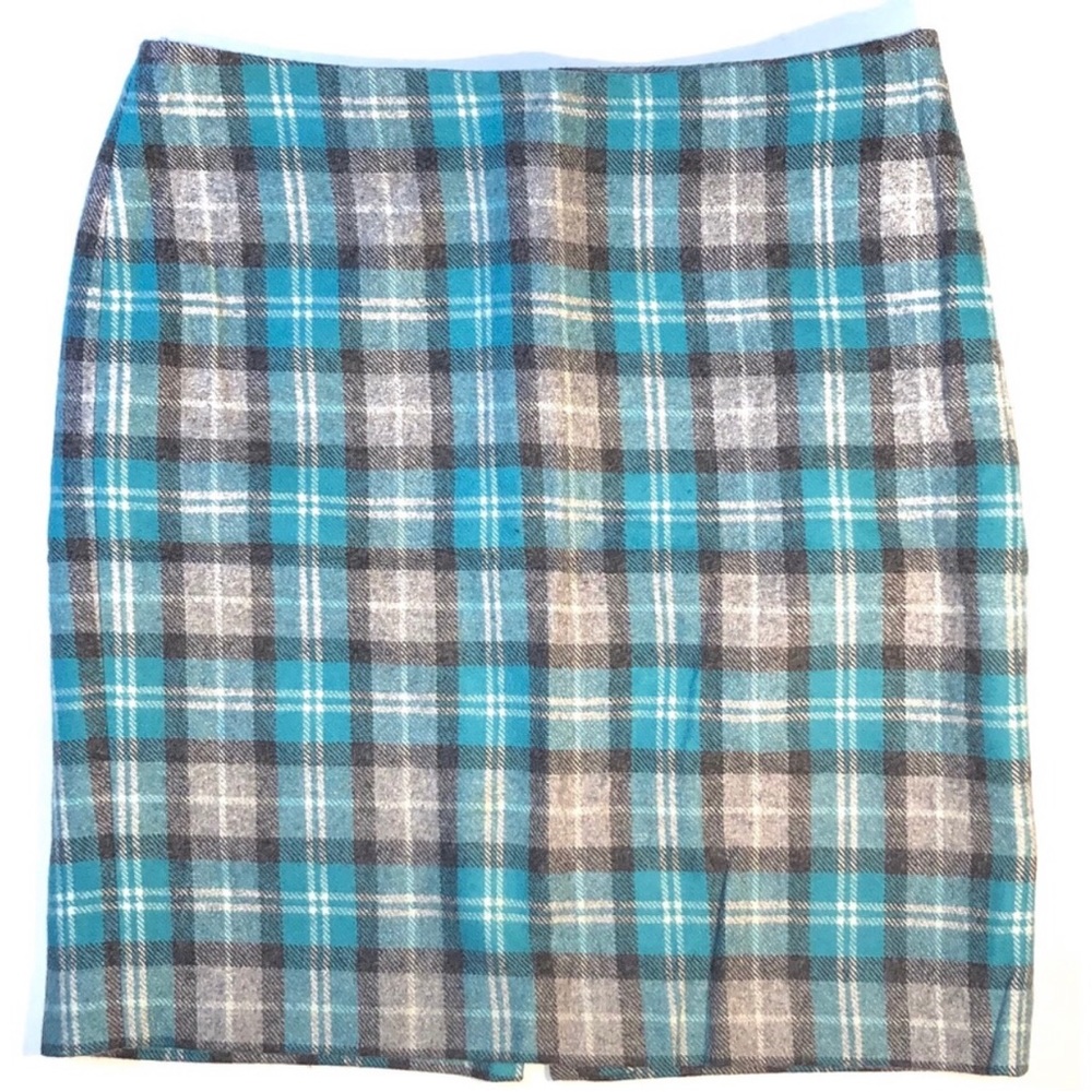Talbots Plaid Wool Pencil Skirt aqua gray size 8P